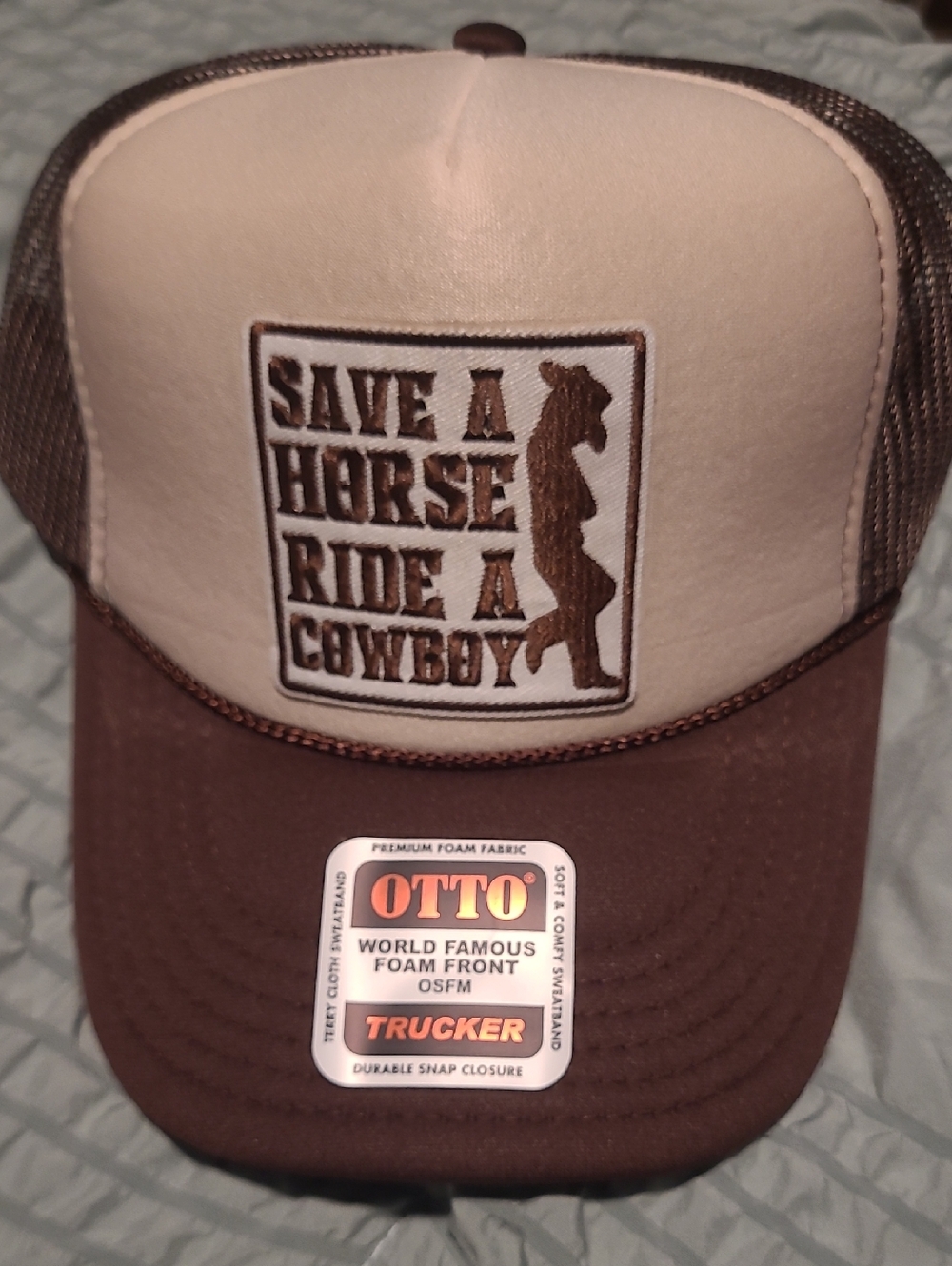 OTTO Brown and Cream Trucker Hat with 'Save a Horse Ride a Cowboy' Patch